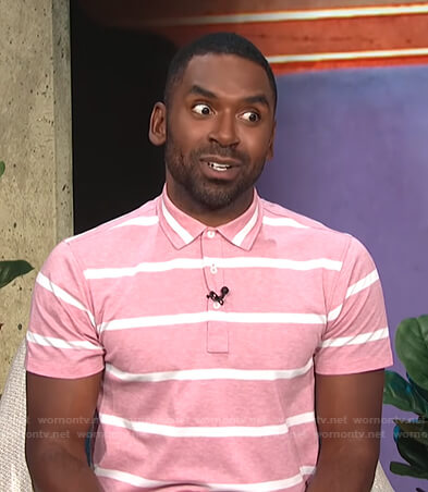 Justin's pink striped polo shirt on E! News Daily Pop
