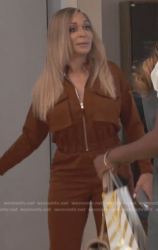 Karen's brown utility jumpsuit on The Real Housewives of Potomac