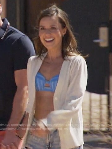 Katie's blue stripe bikini top and white cardigan on The Bachelorette