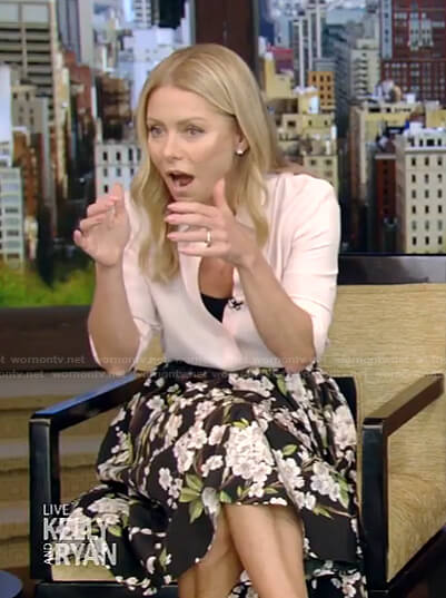 Kelly's pink blouse and black floral skirt on Live with Kelly and Ryan