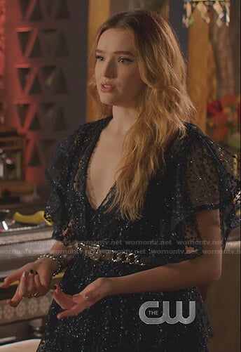 Kirby's metallic polka dot ruffle dress on Dynasty