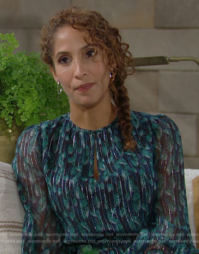 Lily's teal printed dress with metallic stripes on The Young and the Restless