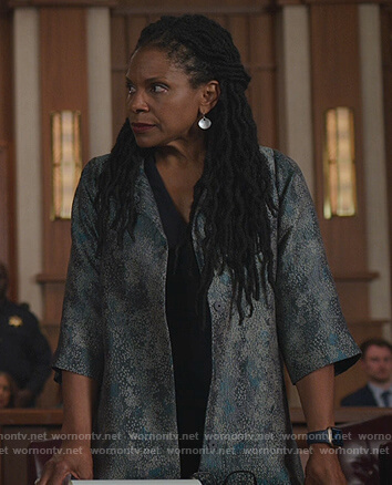 Liz's blue floral jacquard jacket on The Good Fight