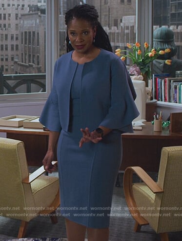 Liz's ruffle sleeve blazer and midi dress on The Good Fight