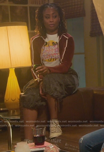 Malika's red velour stripe sleeve jacket on Good Trouble