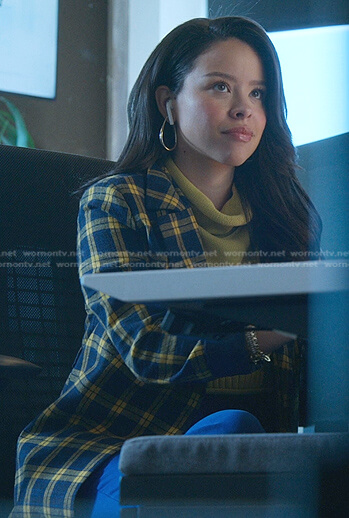 Mariana's blue and yellow check blazer on Good Trouble