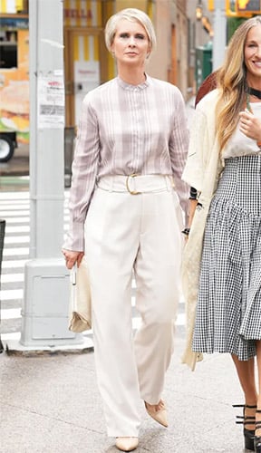 Miranda's plaid blouse and white trousers on And Just Like That... (Sex and the City reboot)