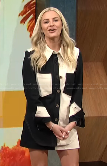 Morgan's colorblock button down shirt and mini skirt on E! News Daily Pop