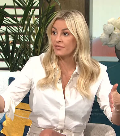 Morgan's white oversized shirt and skirt on E! News Daily Pop