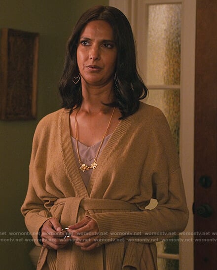 Nalini's beige tie waist cardigan on Never Have I Ever