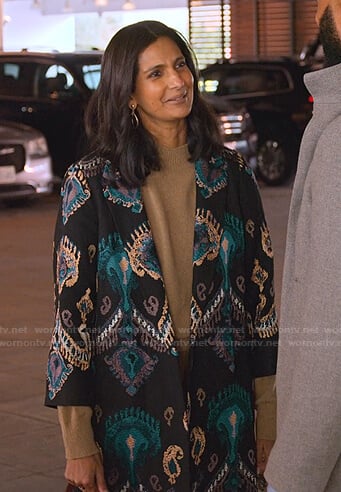 Nalini's black embroidered coat on Never Have I Ever