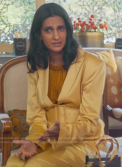 Nalini's yellow satin belted blazer on Never Have I Ever