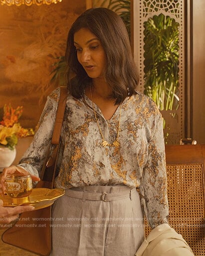 Nalini's blue printed blouse on Never Have I Ever