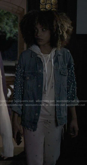 Rowena's pearl embellished denim jacket on American Horror Stories