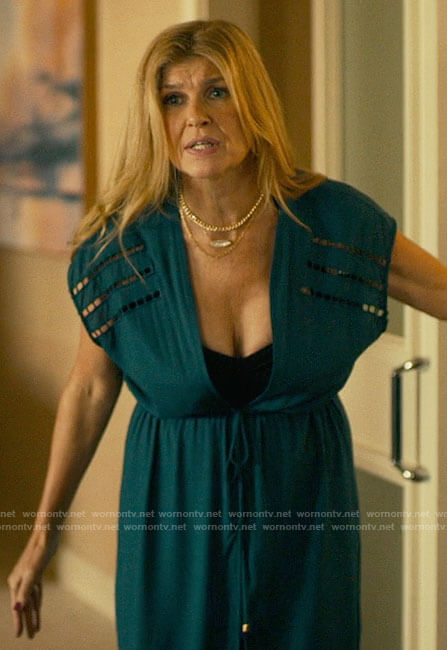Nicole's teal blue caftan on The White Lotus