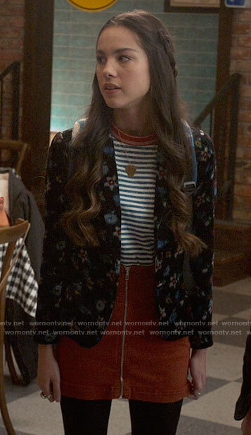 Nini's floral velvet blazer and zip front skirt on High School Musical The Musical The Series