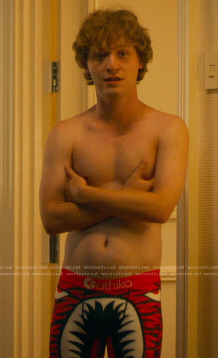 Quinn's red monster print underwear on The White Lotus