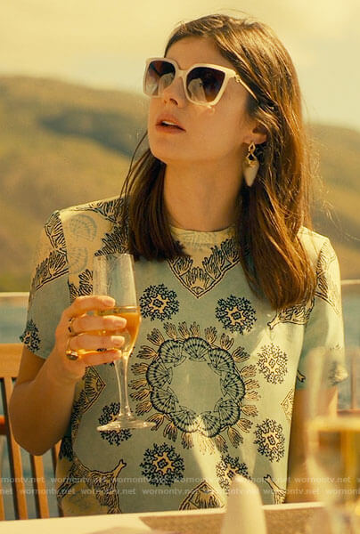 Rachel's blue shell print top and pants set on The White Lotus