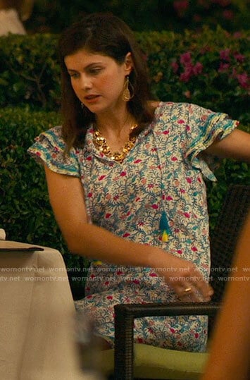 Rachel's flamingo print dress on The White Lotus
