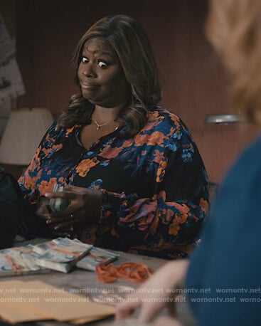 Ruby's black floral print blouse on Good Girls