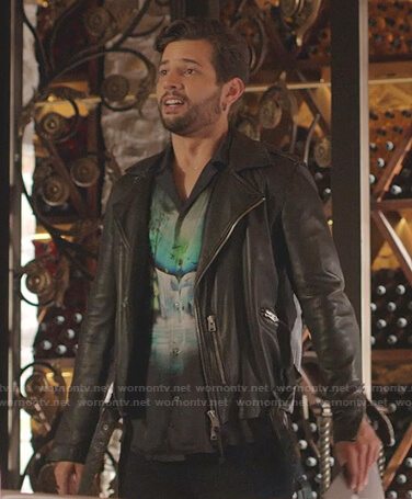 Sam's black waterfall print shirt and moto jacket on Dynasty