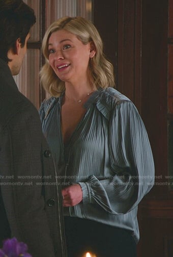 Stephanie's blue pleated tie neck blouse on Good Witch