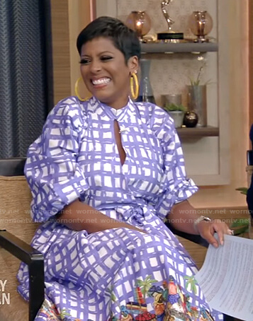 Tamron Hall's blue plaid cutout poplin dress on Live with Kelly and Ryan