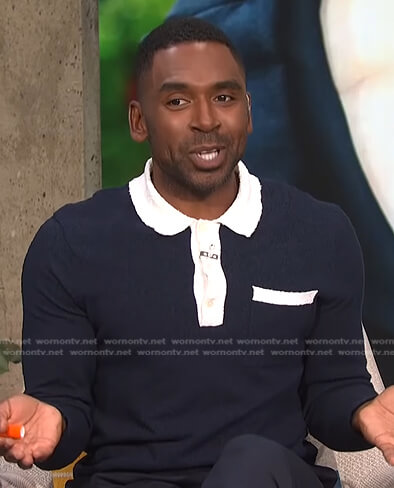 Justin's navy long sleeve polo shirt on E! News Daily Pop
