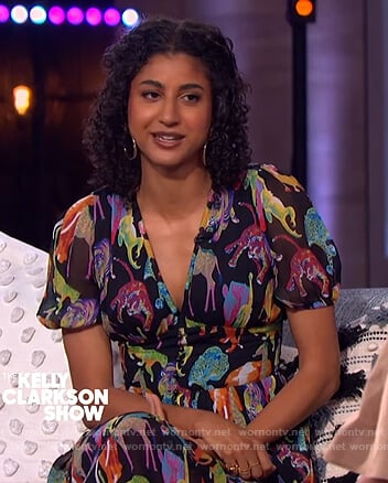 Vella Lovel's animal print midi dress on The Kelly Clarkson Show