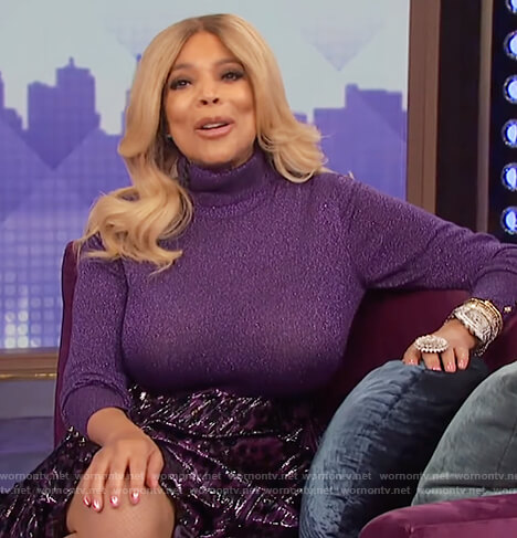 Wendy's purple metallic turtleneck bodysuit and skirt on The Wendy Williams Show