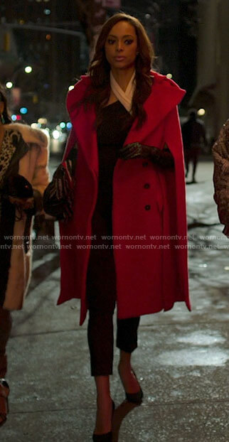 Whitney's red cape sleeve coat on Run the World