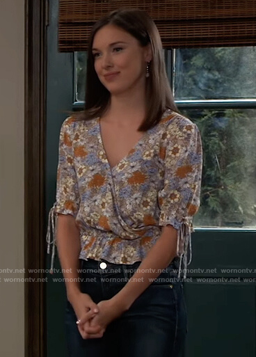 Willow's blue floral print wrap blouse on General Hospital