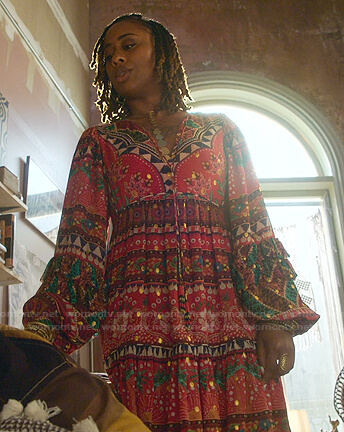 Malika's red printed tie neck dress on Good Trouble