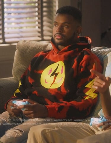 Aaron's red tie dye smiley hoodie on Grown-ish