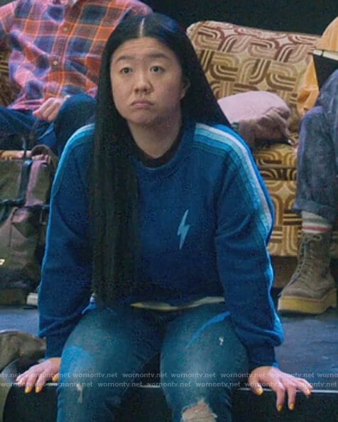 Alice's blue bolt embroidered sweatshirt on Good Trouble