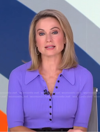 Amy's purple ribbed polo and black skirt on Good Morning America
