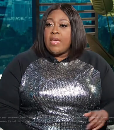 Loni Love's black sequin front hoodie on E! News Daily Pop