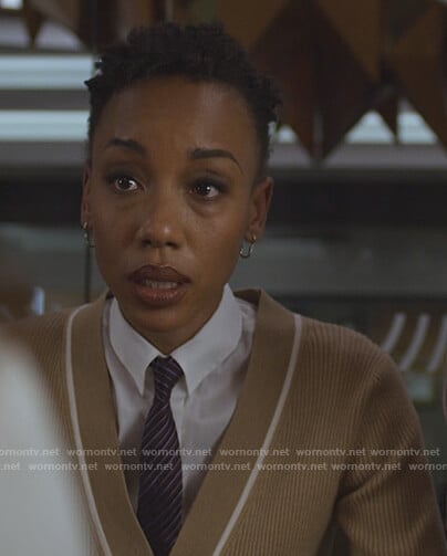 Carmen's beige contrast trim cardigan on The Good Fight
