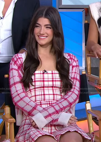 Charli D’Amelio's white and pink plaid dress and cardigan on Good Morning America