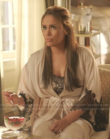 Cristal's white lace-trim robe on Dynasty