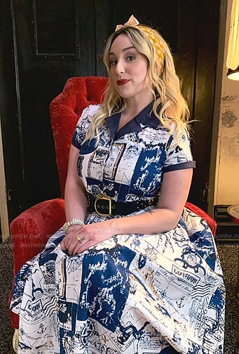 Davia's white and blue printed dress on Good Trouble