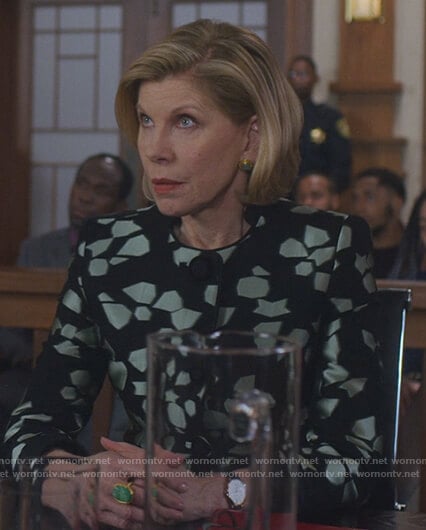 Diane's black floral jacquard jacket on The Good Fight