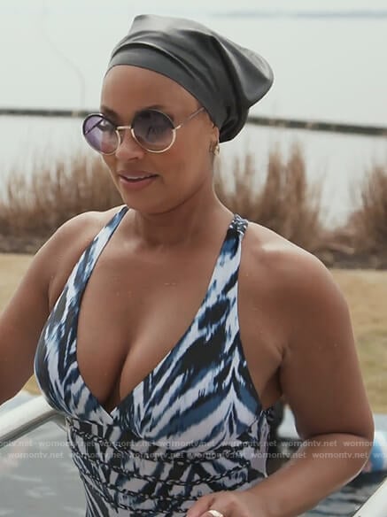 Robyn's blue zebra stripe swimsuit on The Real Housewives of Potomac