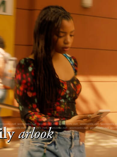 Jazlyn's black floral corset top on Grown-ish