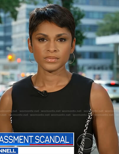 Jericka’s black spotted stripe sleeveless dress on CBS Evening News