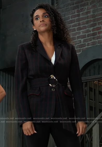 Jordan's blue check belted blazer on General Hospital