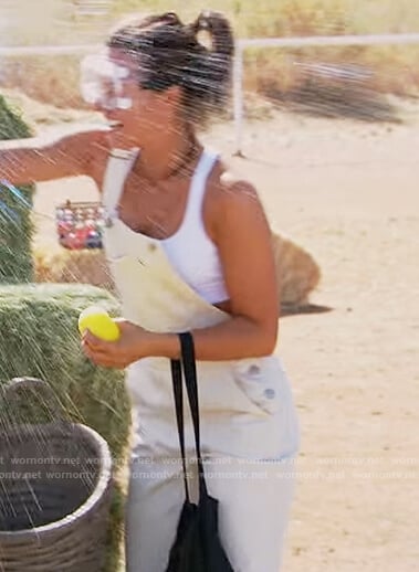 Katie's white denim overalls on The Bachelorette