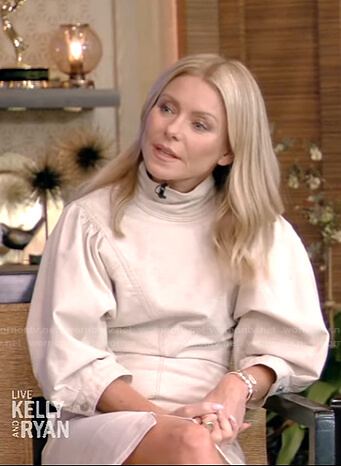 Kelly's ivory puff sleeve mini dress on Live with Kelly and Ryan