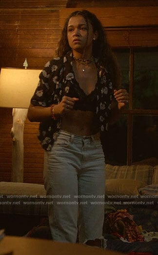 Kiara's black floral button down shirt on Outer Banks