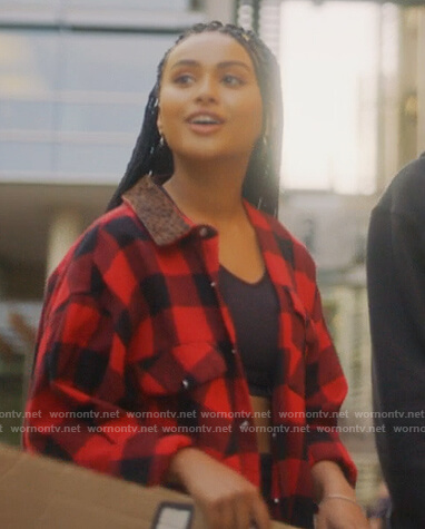 Kiela's red plaid contrast collar shirt on Grown-ish
